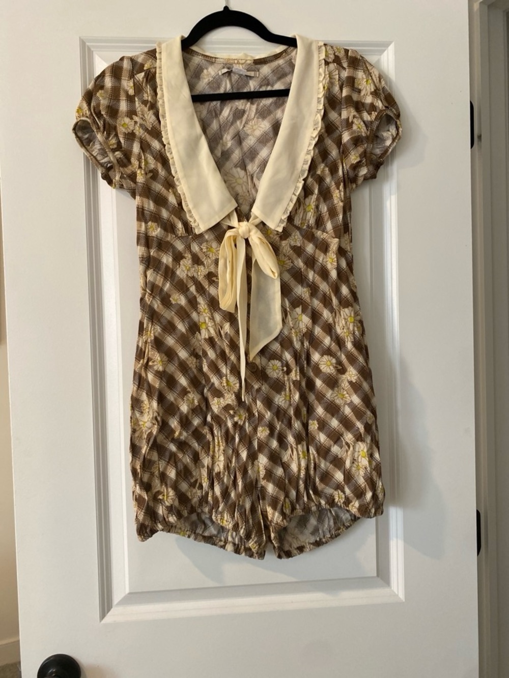 Kimchi Blue Cream and Brown Plaid Floral Romper